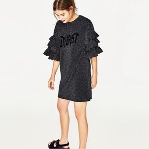Zara Black Glitter Ruffle Sleeve Dress